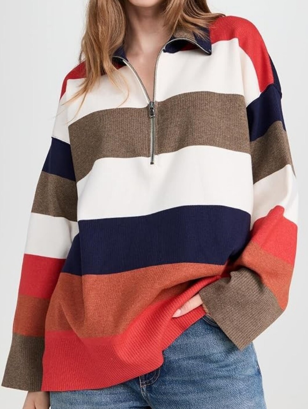 Free People Coastal Stripe Set Sail 1/2 Zip Pullover Women XL Preppy Nautical
